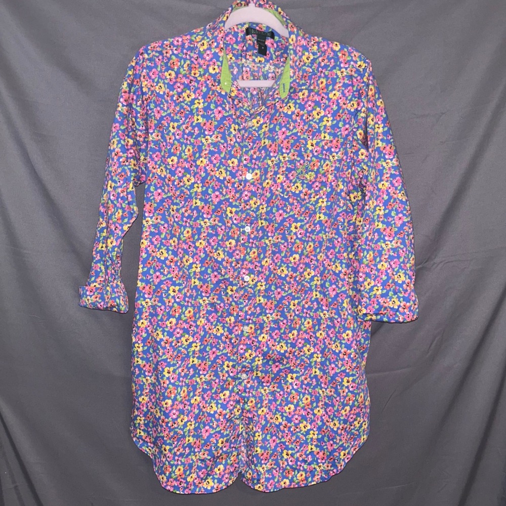 Lauren Ralph Lauren Women's Geen/Pink Floral Print Button Down Shirt Dress Sz M